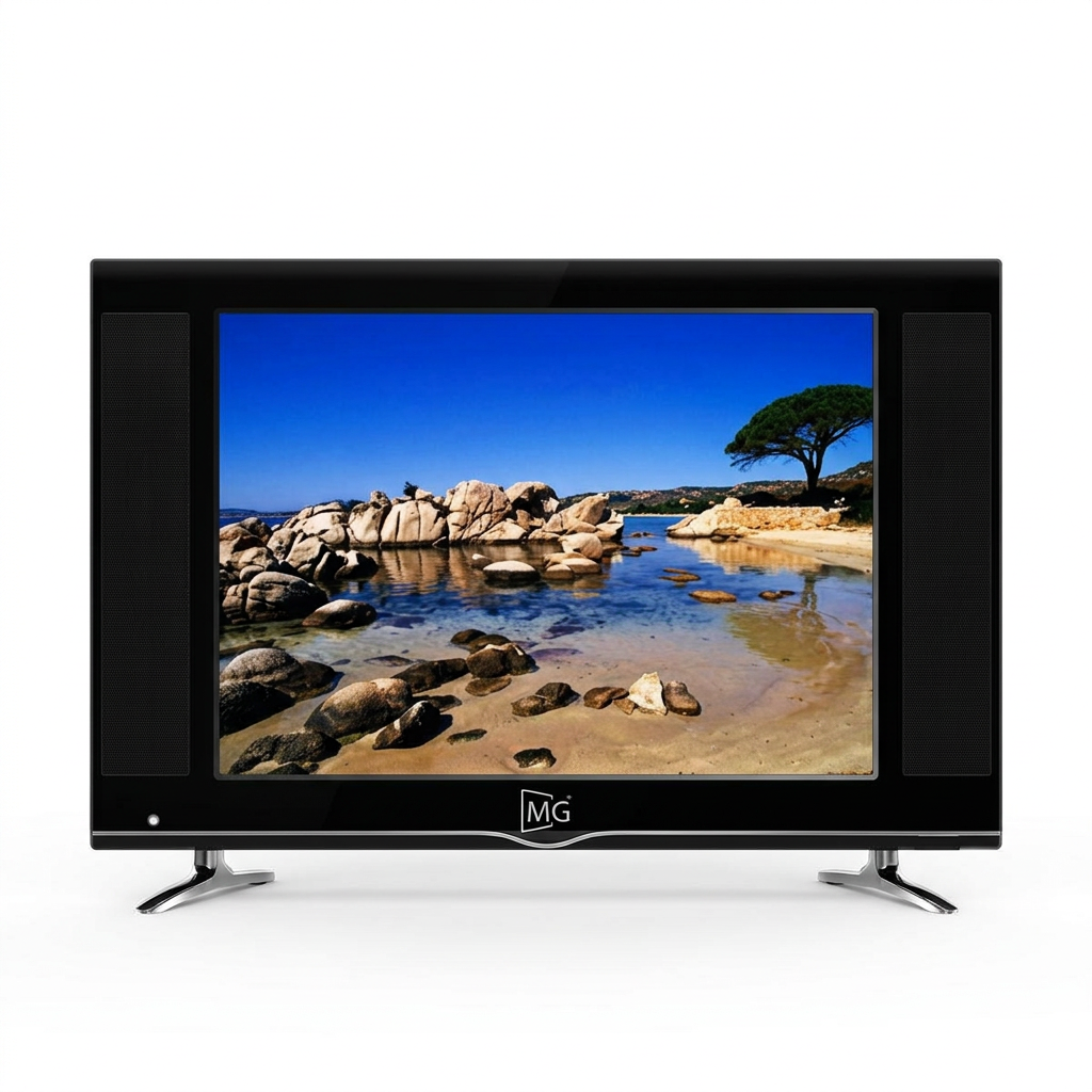 AI-edited MG 19-inch TV on white with illustrative rocky stream scenery.