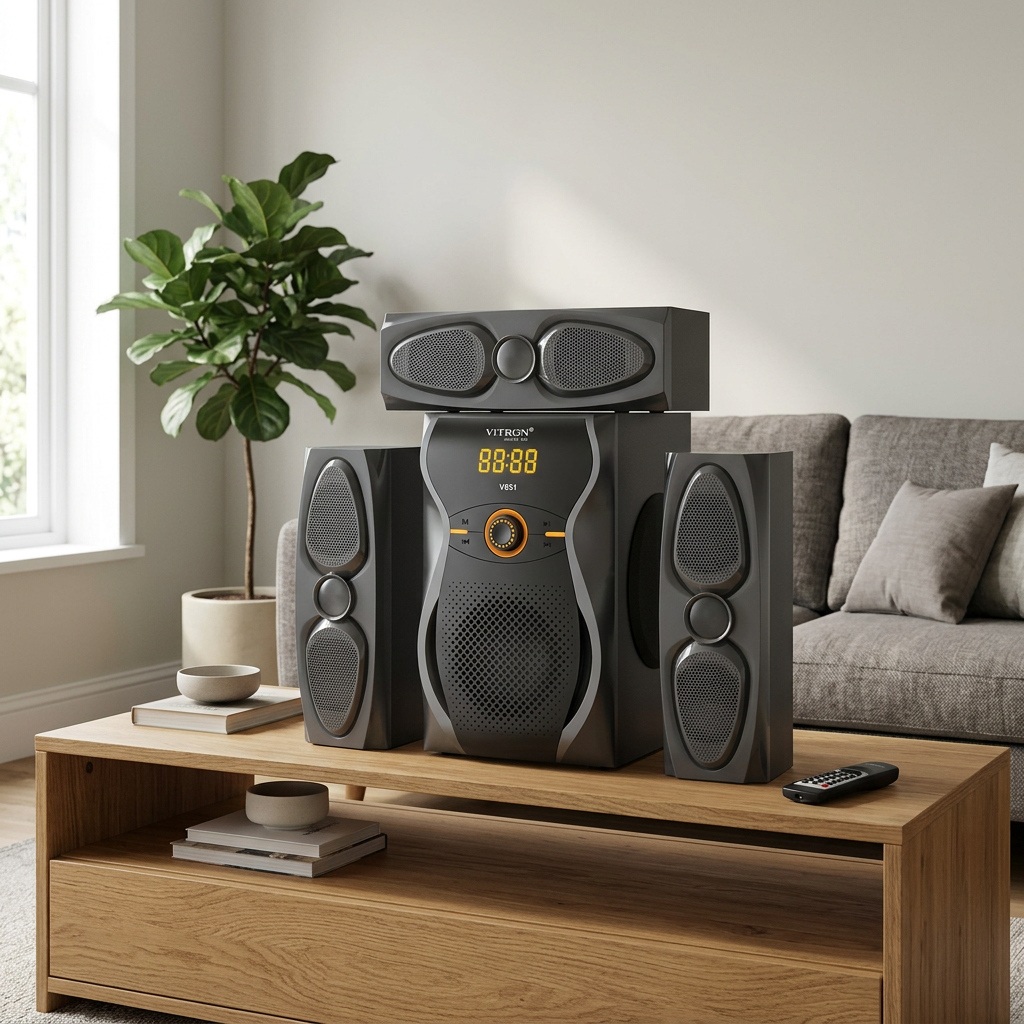 AI-edited Vitron V651 speaker system in living room; furnishings not included.
