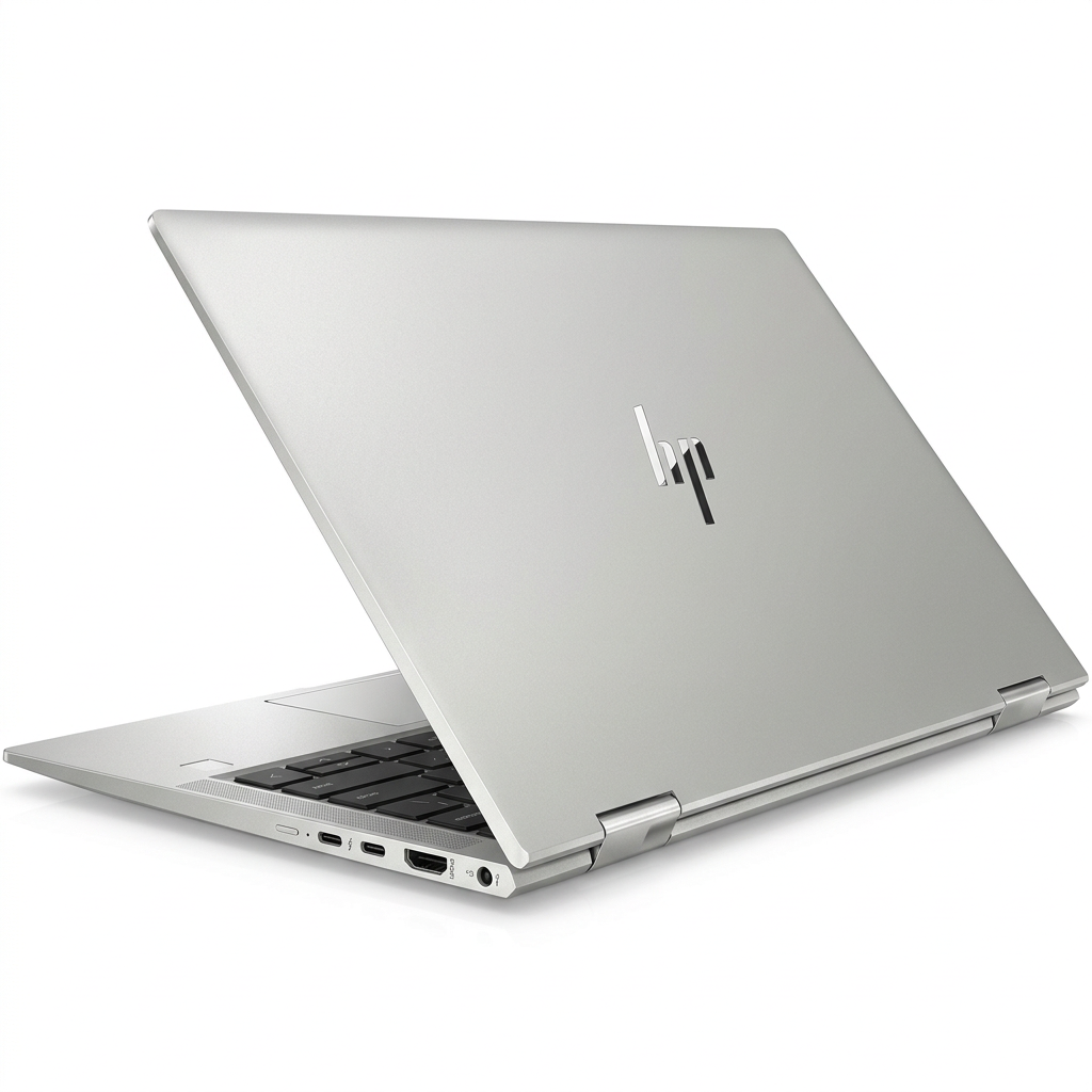 Silver HP laptop viewed from a rear three-quarter angle on white.