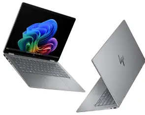 Silver HP OmniBook X Flip laptop shown open from front and rear angles