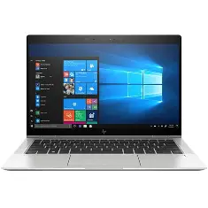 Silver HP laptop open and viewed from the front on white.
