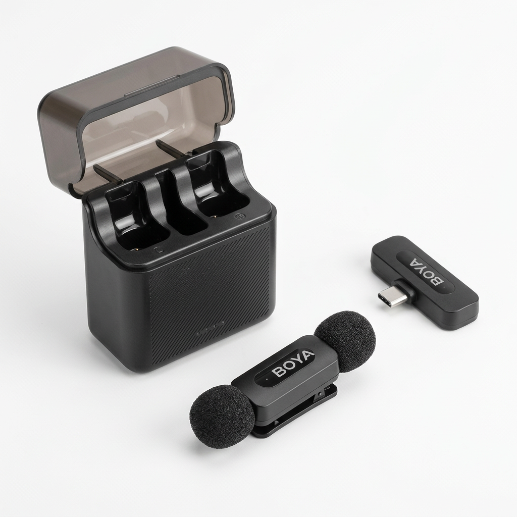 AI-generated unpacked illustration of BOYA V30 black microphones, USB-C receiver and open case