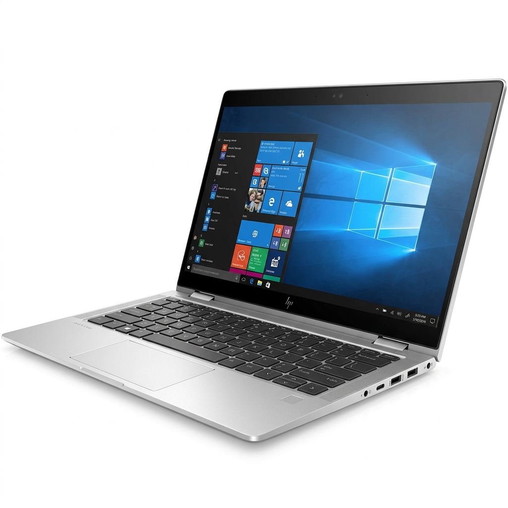 Silver HP laptop open at a three-quarter angle showing keyboard and screen on white.