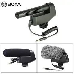 BOYA VM600 black camera microphone with coiled audio cable, shown uncovered and with foam and furry windshields