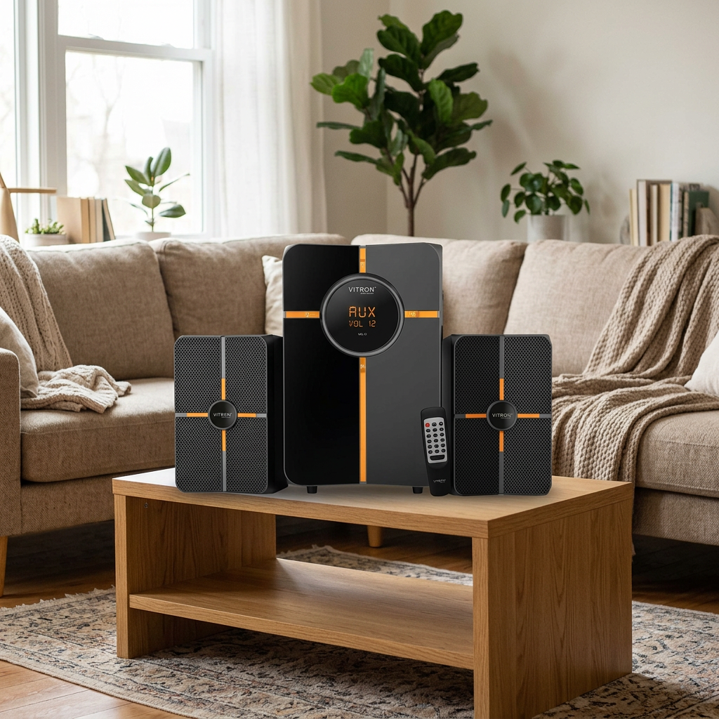 AI-edited Vitron V402 speaker system in a living room; furnishings not included.