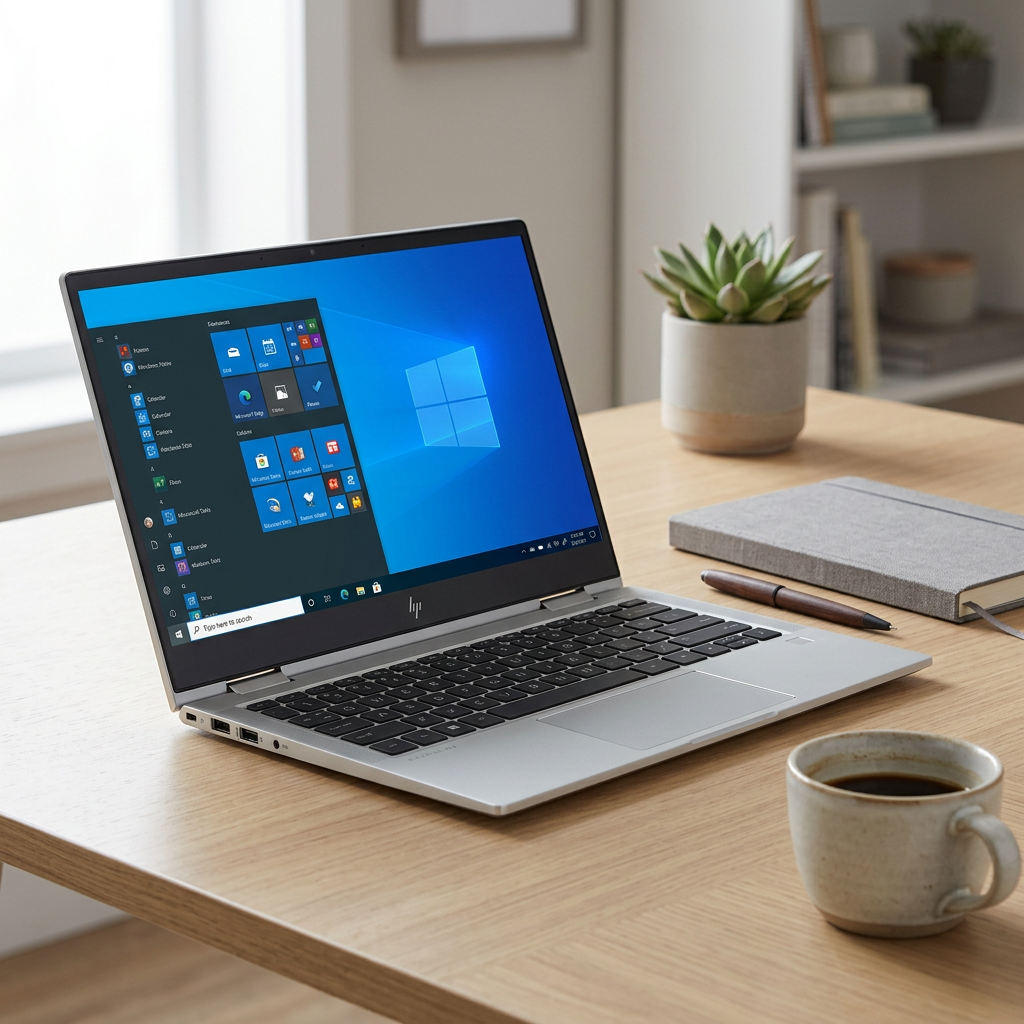 Silver HP laptop open on a home-office desk beside a notebook and coffee cup.