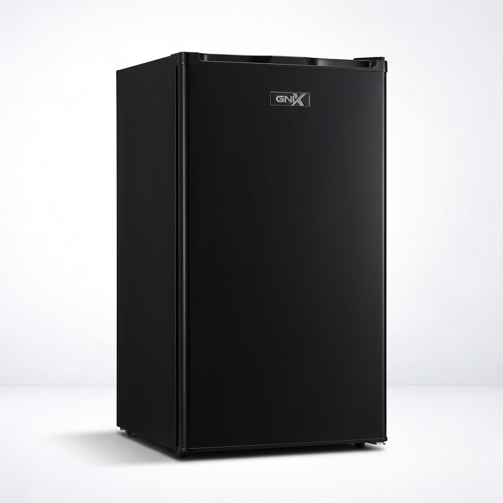 AI-edited black GNIX compact single-door refrigerator, door closed, on white background.