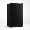 AI-edited black GNIX compact single-door refrigerator, door closed, on white background.