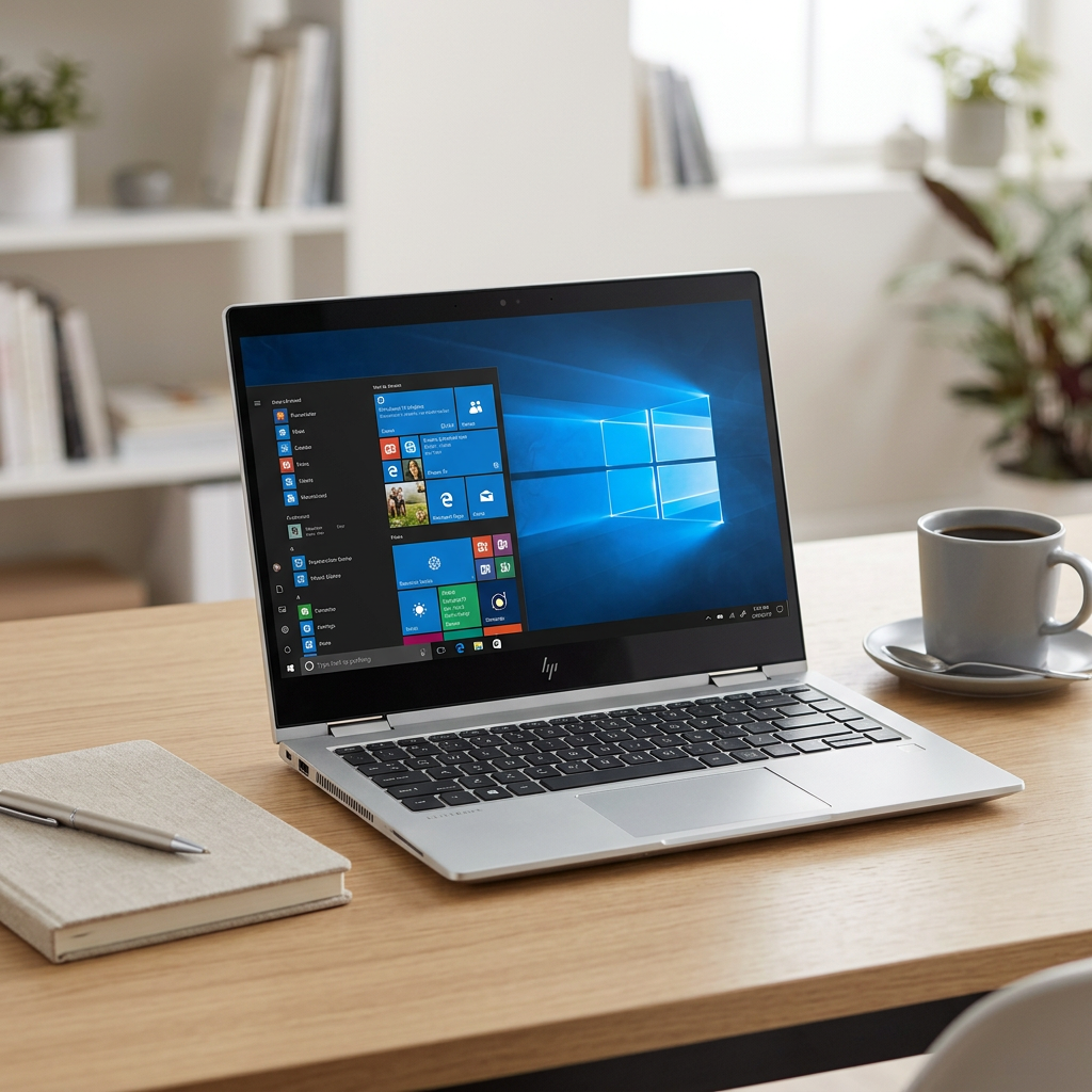 Silver HP EliteBook open on a desk beside a notebook and coffee cup.