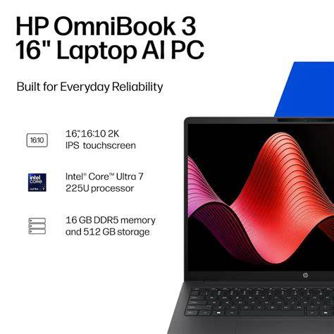 HP OmniBook 3 reference listing a 16-inch 2K IPS touchscreen, Intel Core Ultra 7 225U, 16GB DDR5 and 512GB storage