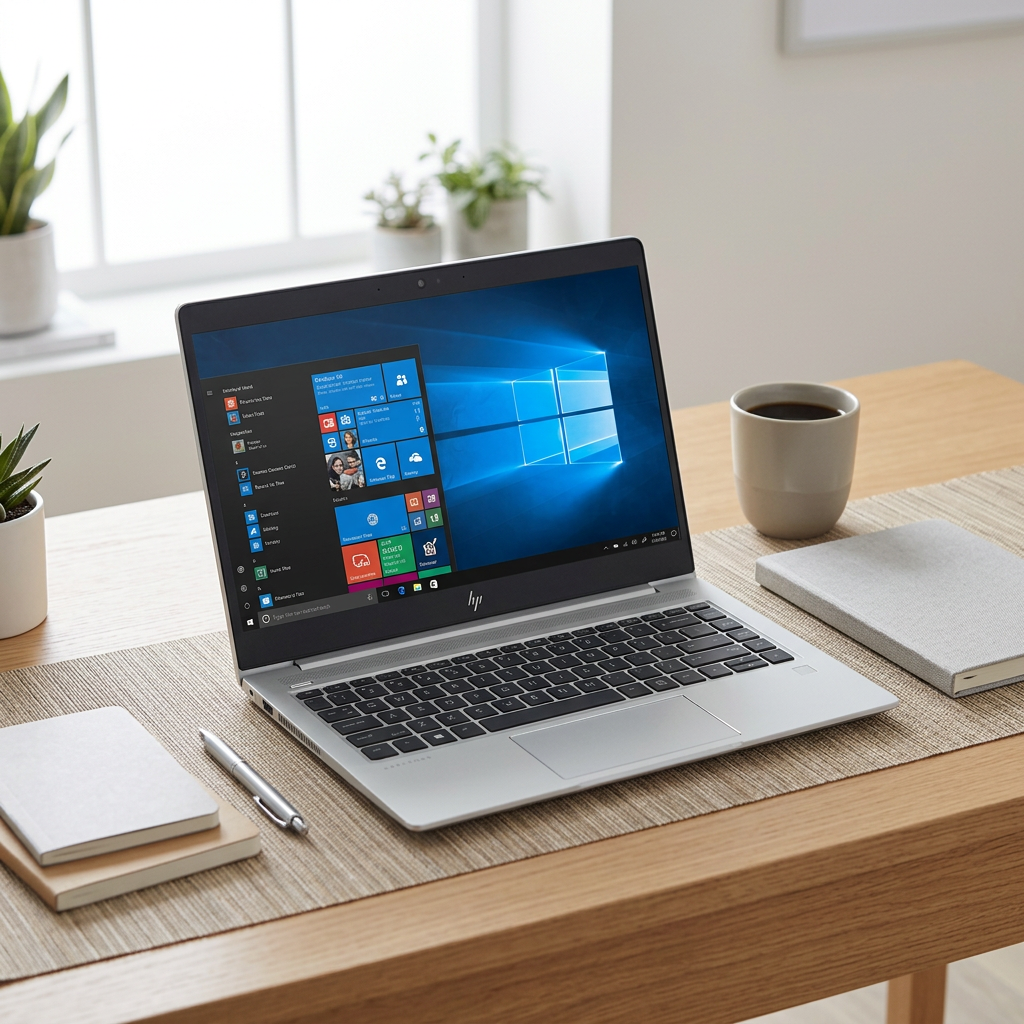 Silver HP laptop open on a home-office desk beside a notebook and coffee cup.