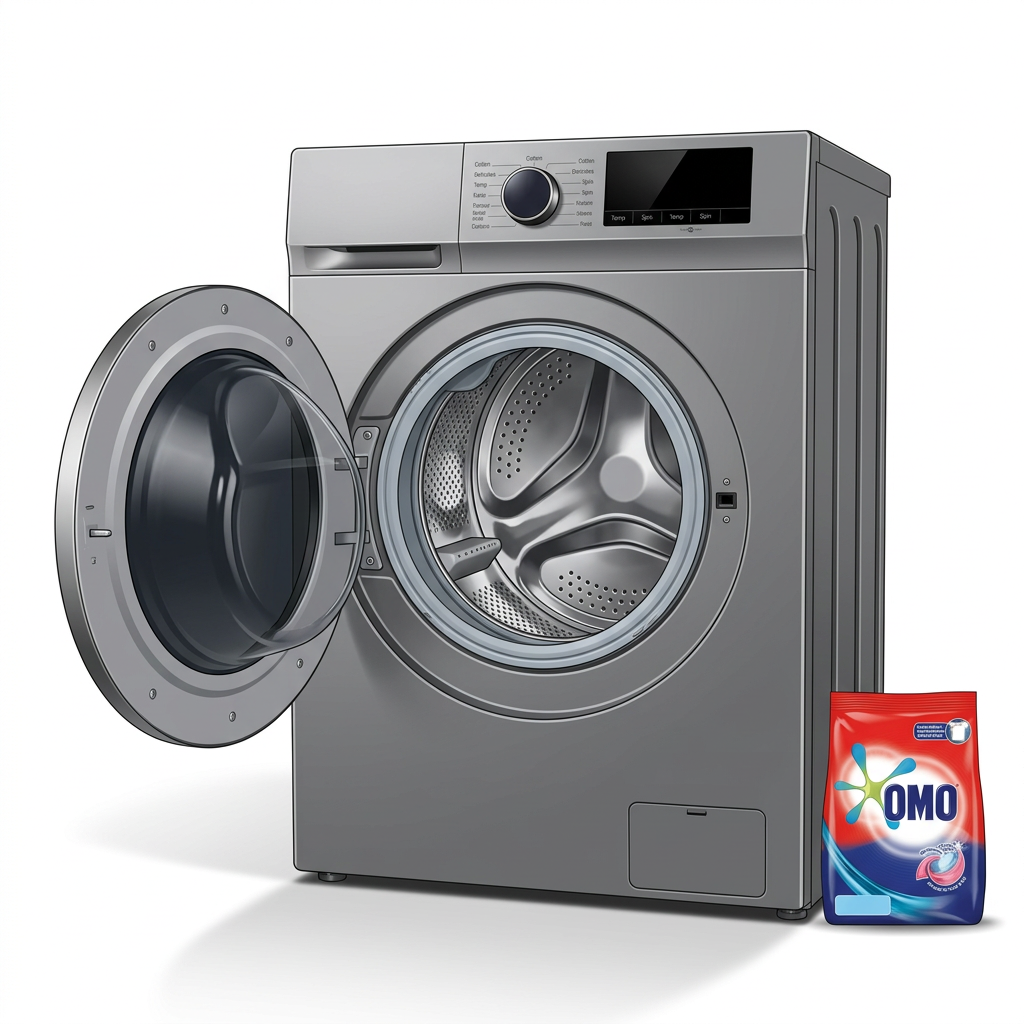 AI-edited open-door appliance and OMO gift based on upload; drum, gasket, hinge and gift details illustrative.