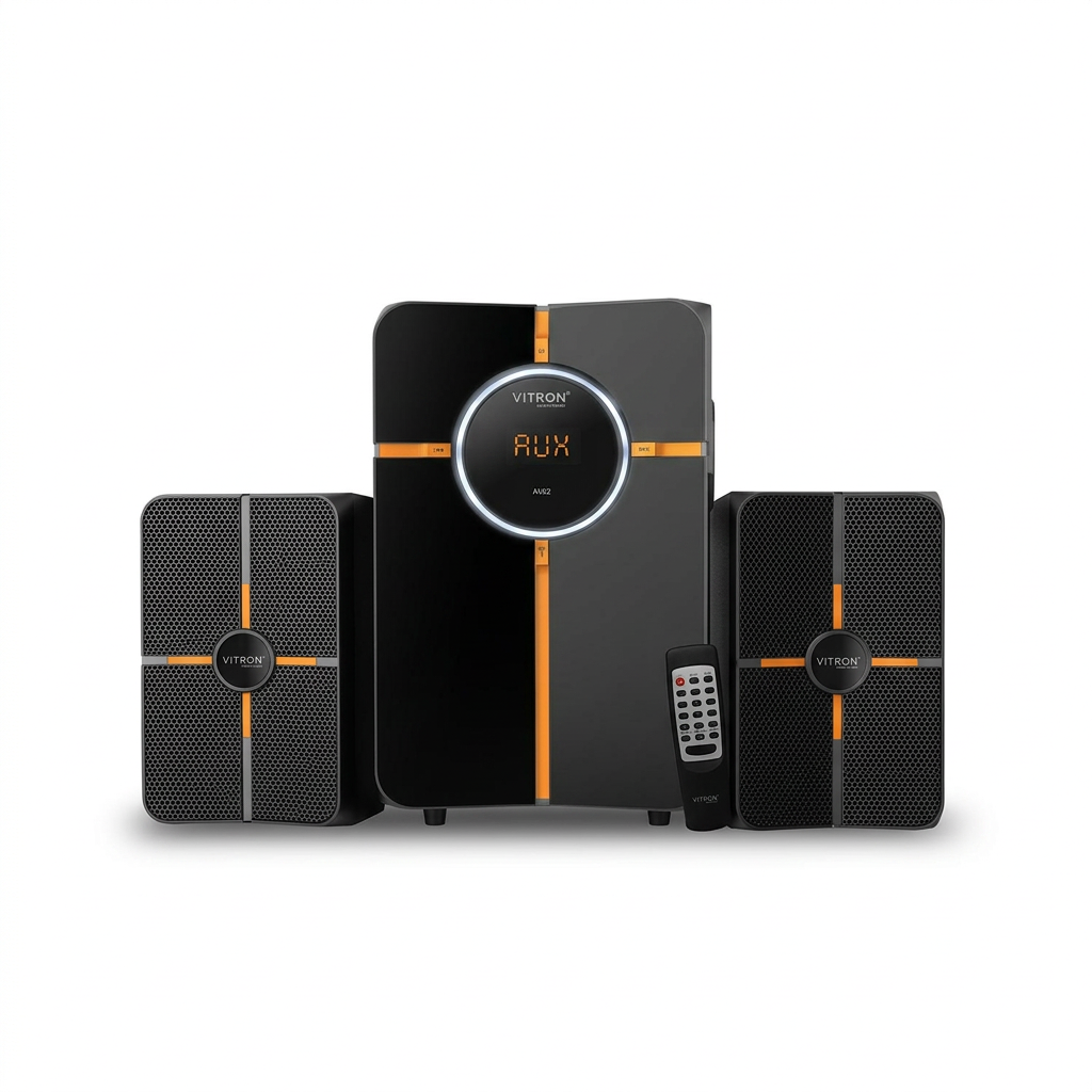 AI-edited Vitron V402 speaker system on white with illustrative illuminated display.