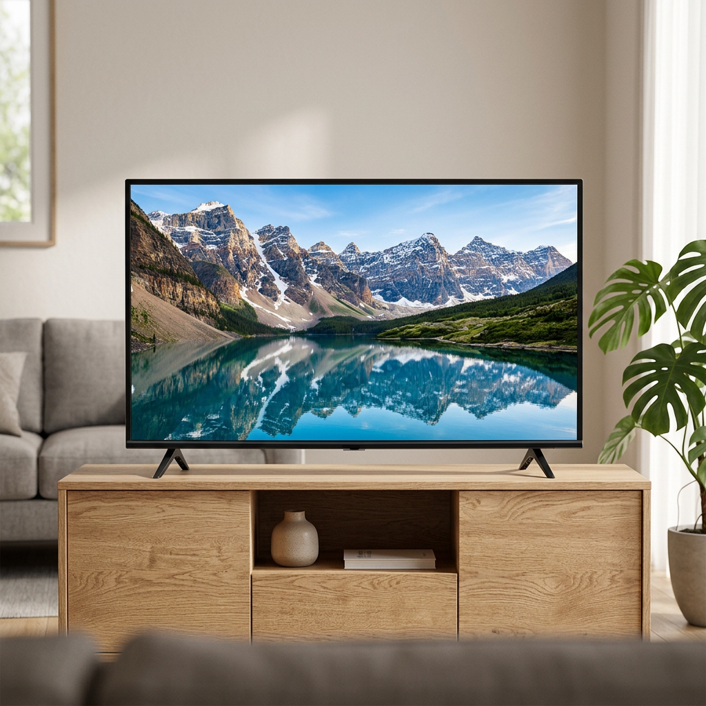 AI-edited Vitron 40-inch TV in living room; furnishings not included.