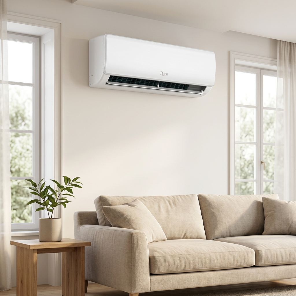 AI-generated reference-based ROCH indoor air conditioner installed in an illustrative living room