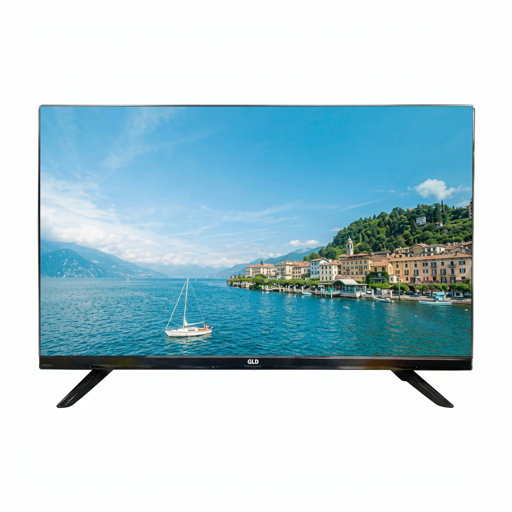 AI-edited GLD 24-inch television on white with illustrative lake and sailboat scenery.