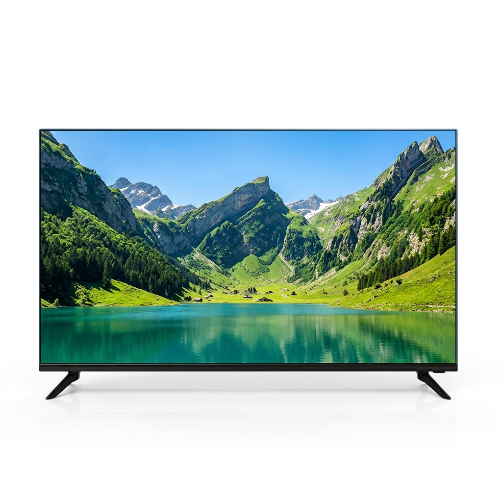 AI-edited Vision Plus 50-inch TV on white showing illustrative mountain and lake scenery.
