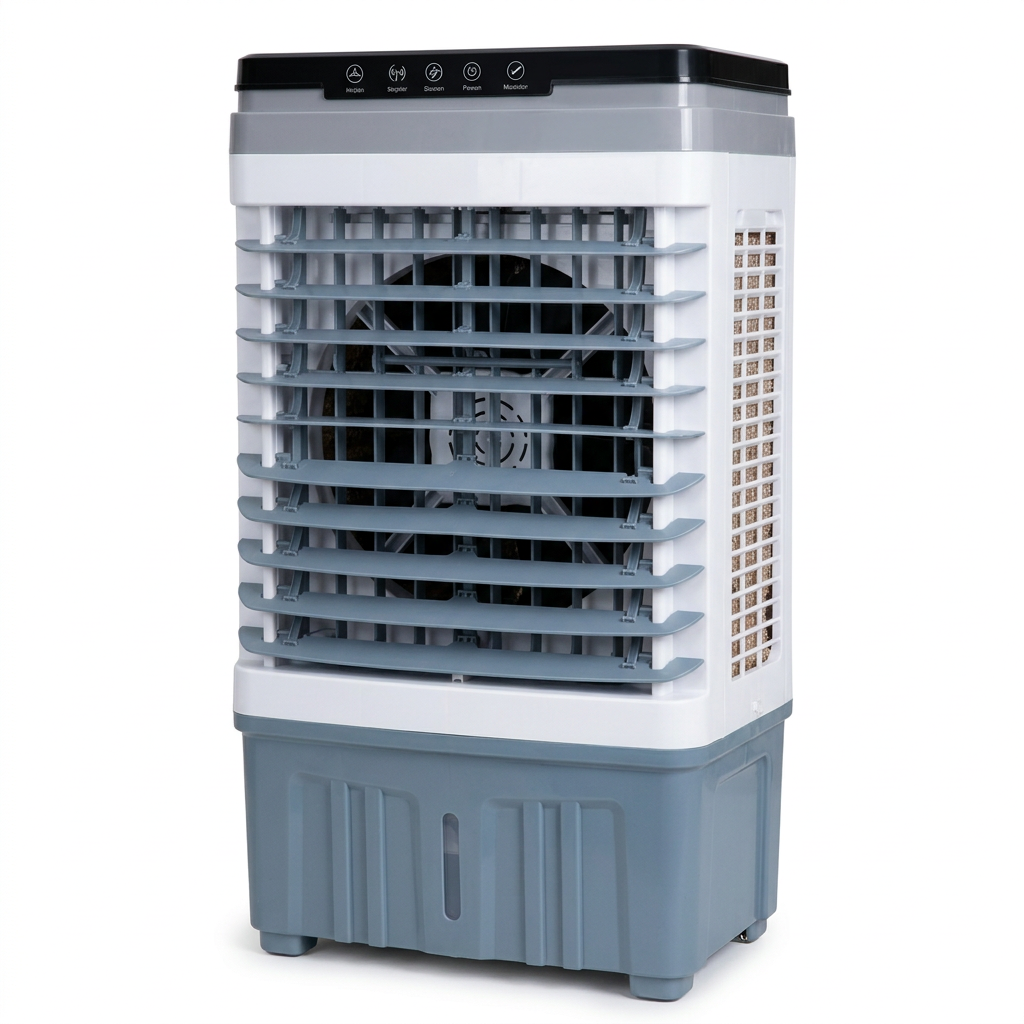 AI-edited 25L air cooler open-louver view with cabinet and safety guards intact