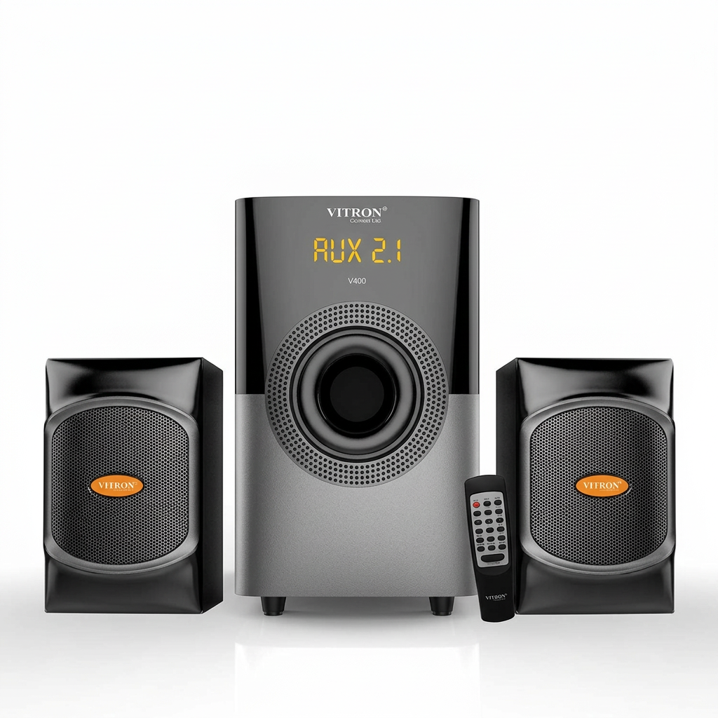 AI-edited Vitron V400 speaker system on white with illustrative illuminated display.