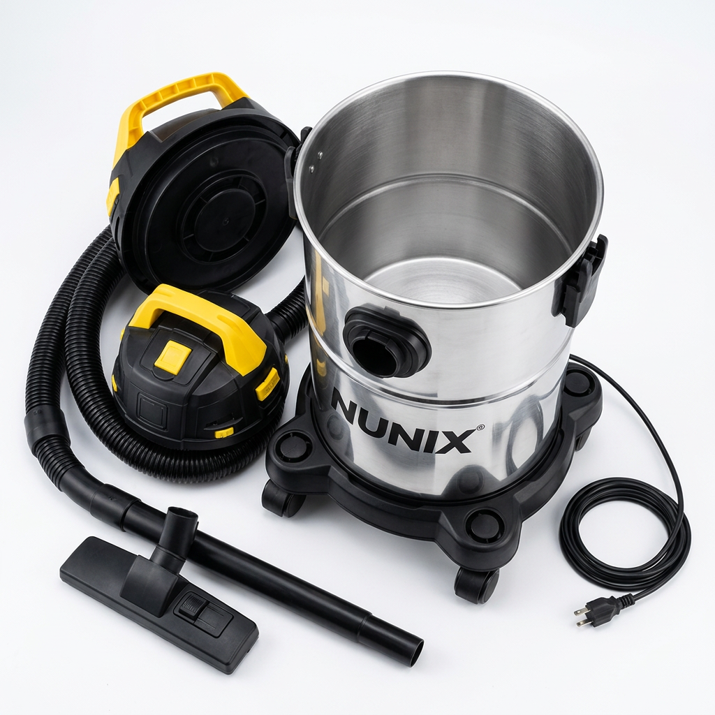 AI-edited Nunix vacuum unplugged with tank open and intact motor head removed; illustrative interior