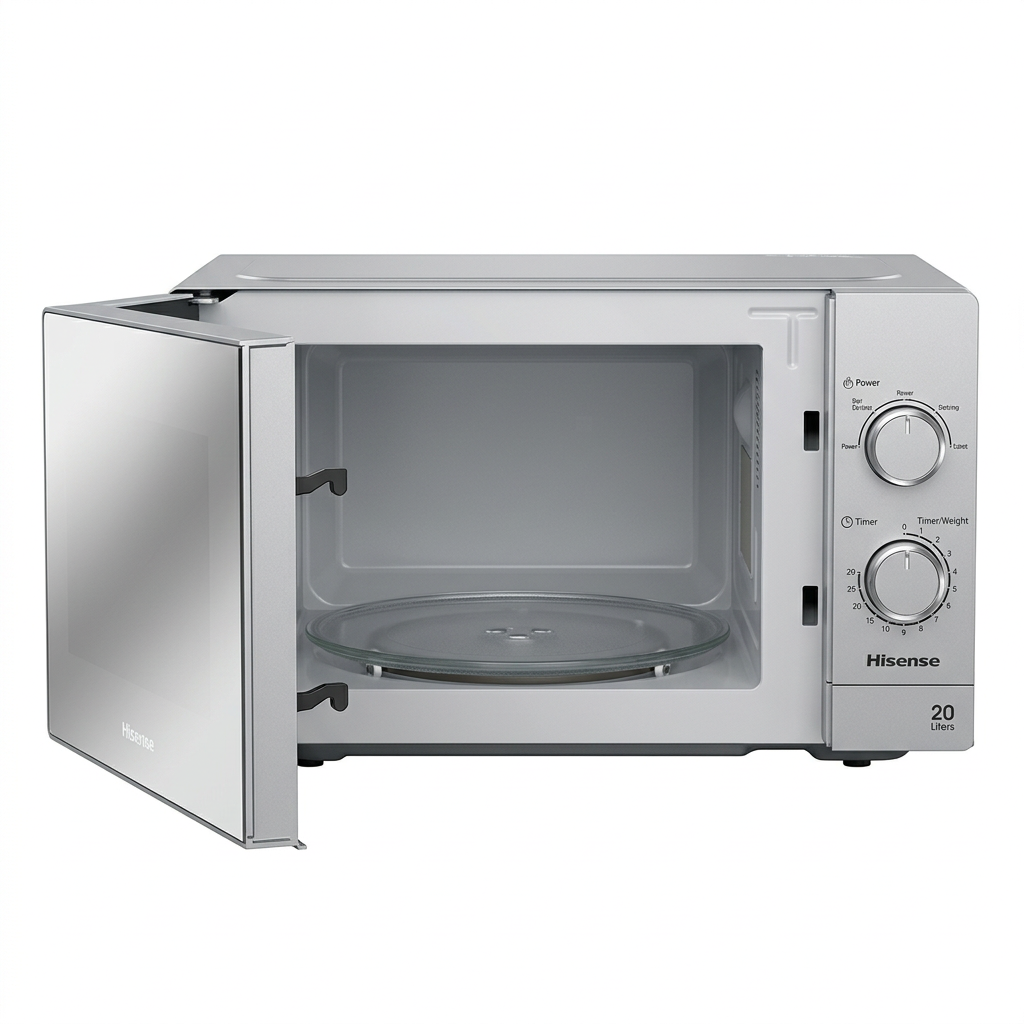 AI-generated door-open illustration of box-pictured Hisense microwave; interior details illustrative.