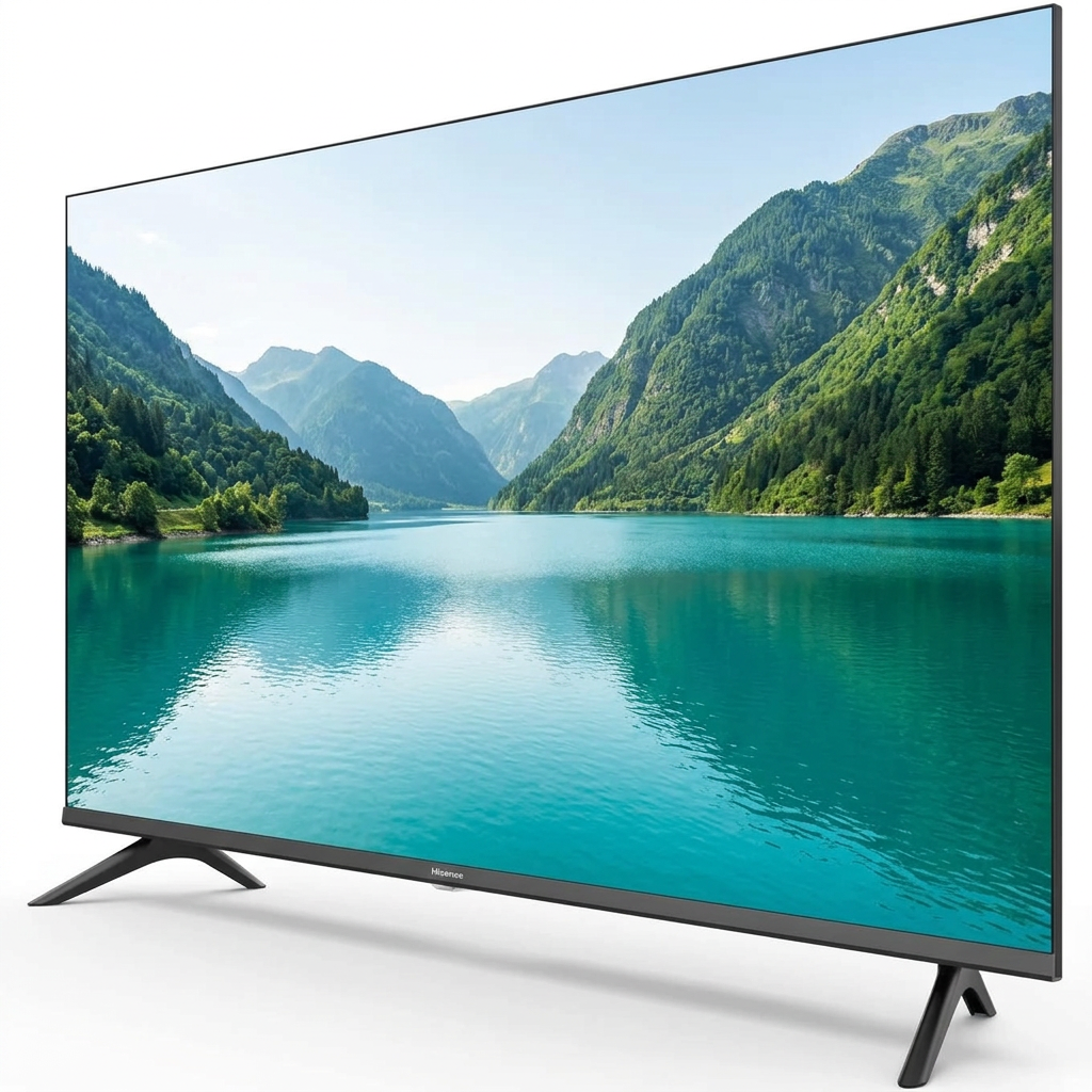 AI-edited Hisense TV front view on white based on main reference; lake screen illustrative.