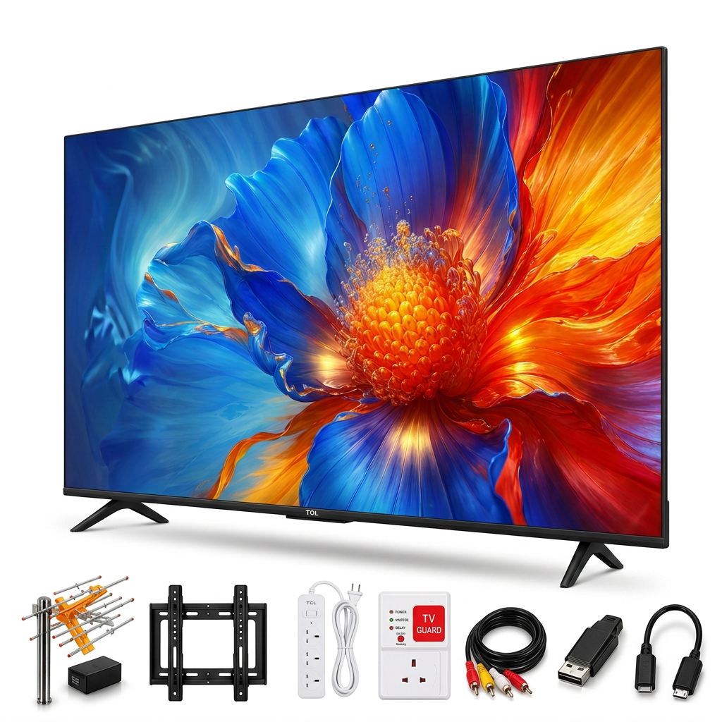 AI-edited angled TCL TV with antenna kit, bracket, extension strip, TV guard, AV cable, flash disk and OTG cable; accessories illustrative.
