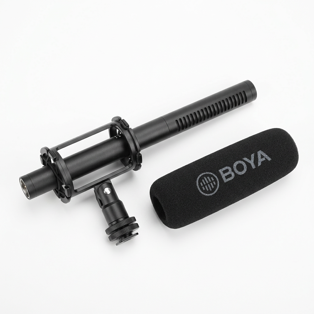 AI-generated unpacked view of a BOYA BM6060L shotgun microphone, suspension mount and foam windshield
