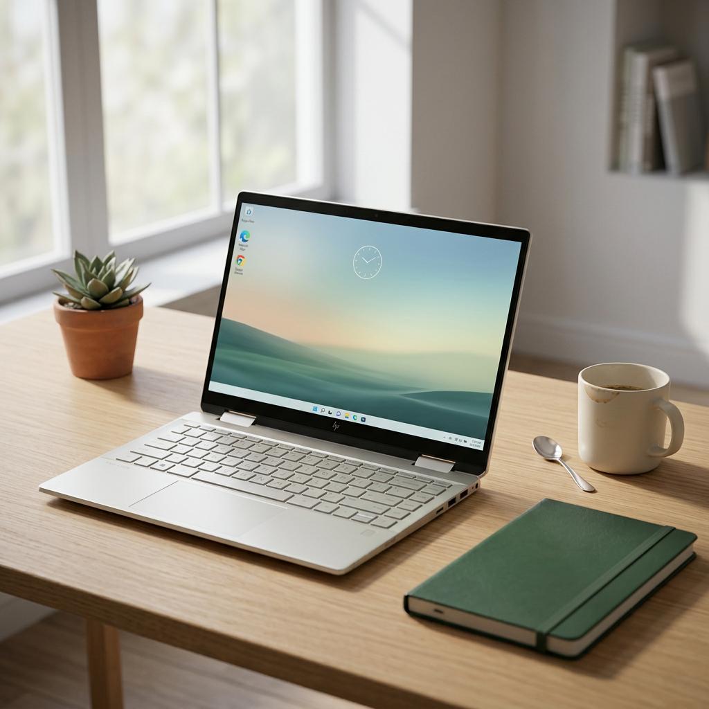 Silver HP Pavilion laptop open on a desk beside a notebook and coffee cup.