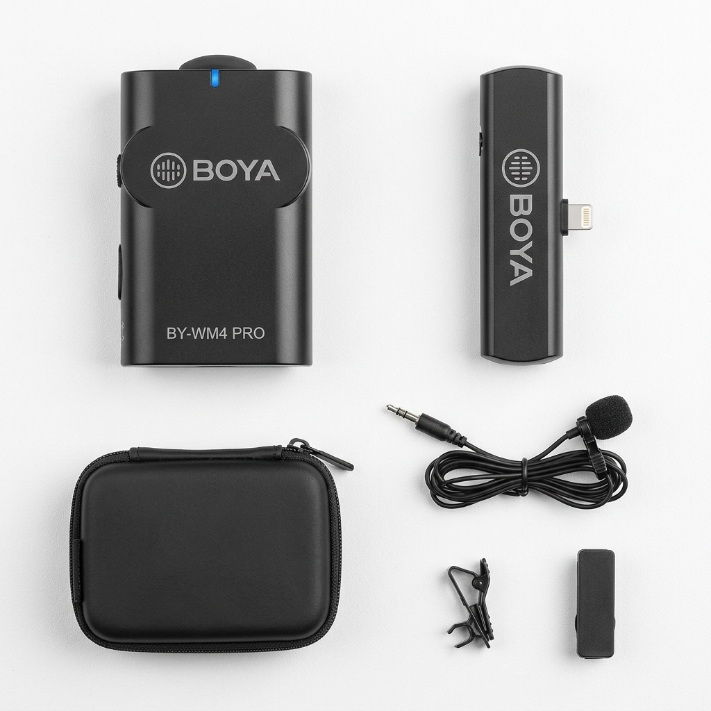 AI-generated unpacked illustration of a BOYA WM4 Pro K5 transmitter, receiver, lavalier microphone and accessories