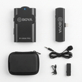 AI-generated unpacked illustration of a BOYA WM4 Pro K5 transmitter, receiver, lavalier microphone and accessories