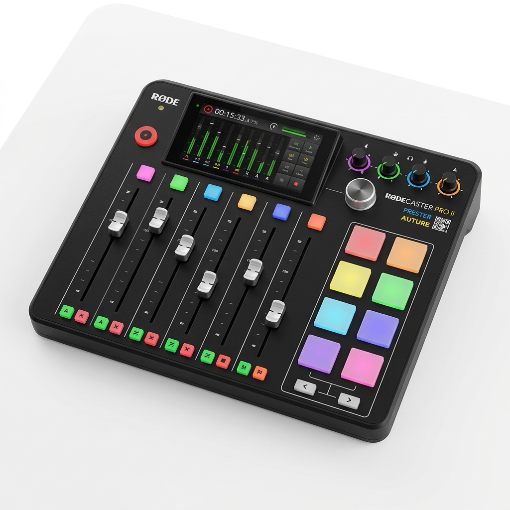 AI-generated unpacked view of a black RØDECaster Pro II audio production console on white