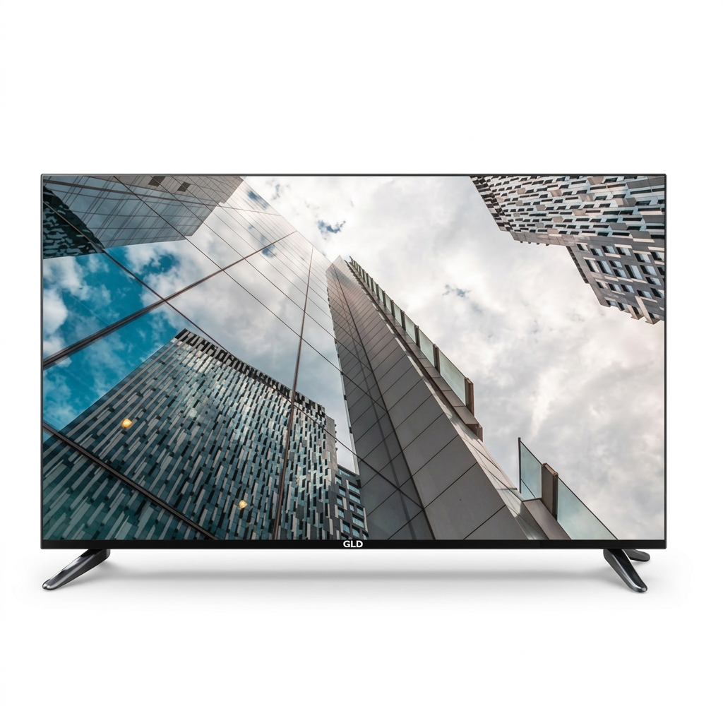 AI-edited GLD TV front view on white based on main reference; architectural screen illustrative.