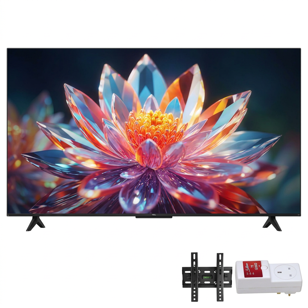 AI-edited angled TCL TV with confirmed wall bracket and TV guard; accessories and screen illustrative.