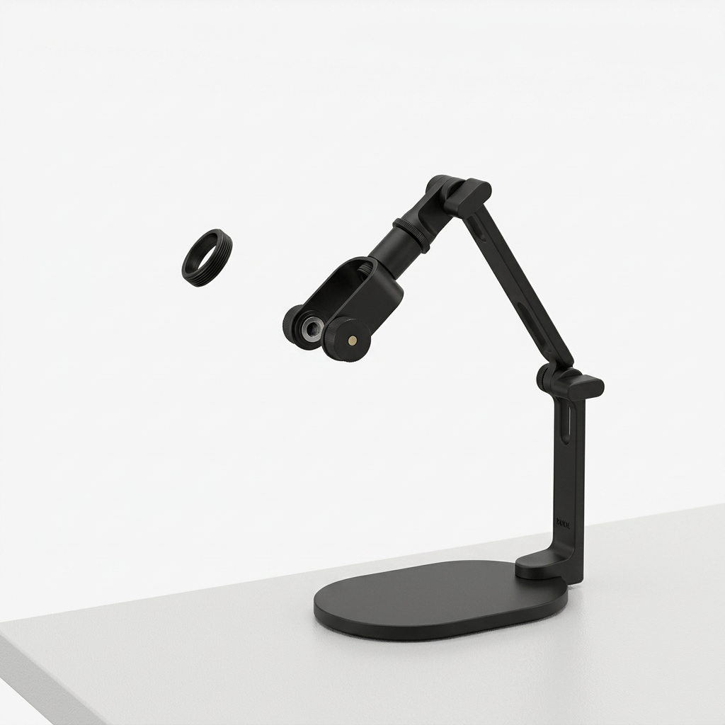 AI-generated unpacked view of a black RØDE DS2 articulated desktop studio arm and base without microphone