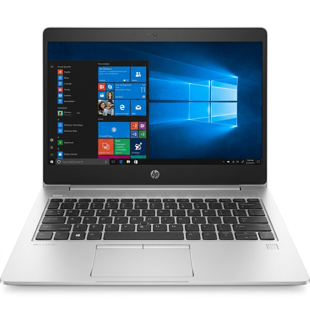 Open silver HP laptop showing the keyboard and screen on a white background.