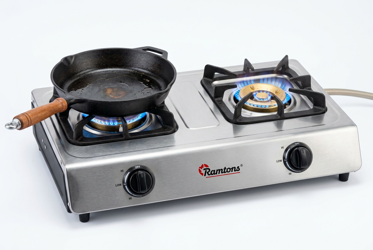 Ramtons RG/518 Double Burner Gas Cooker - Burners Lit