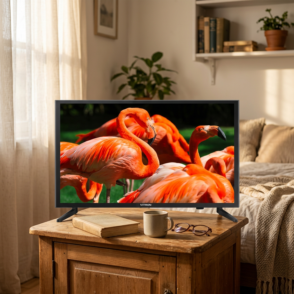 AI-edited compact Vitron TV bedroom illustration; furniture not included, screen and scale illustrative.