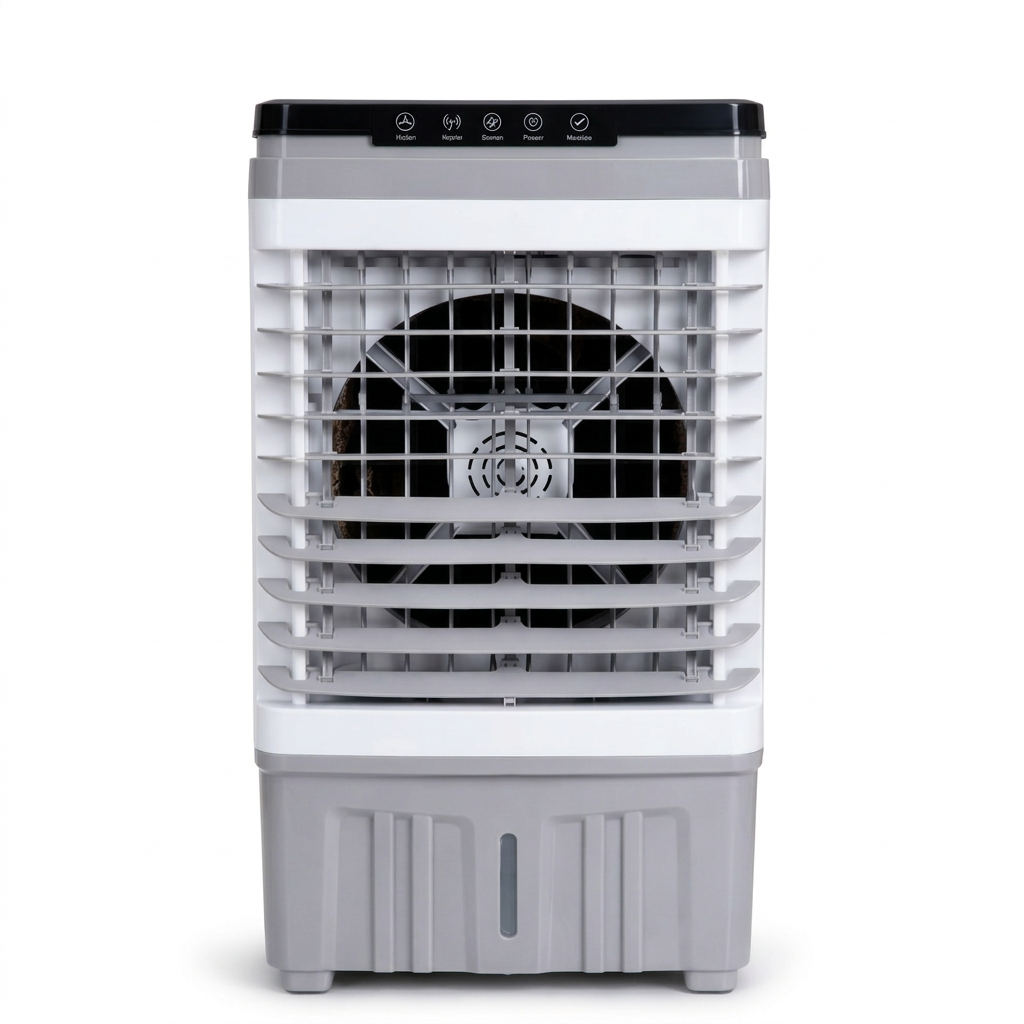 AI-edited reference-based 25L white-and-grey evaporative air cooler, normal view on white