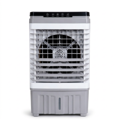 AI-edited reference-based 25L white-and-grey evaporative air cooler, normal view on white