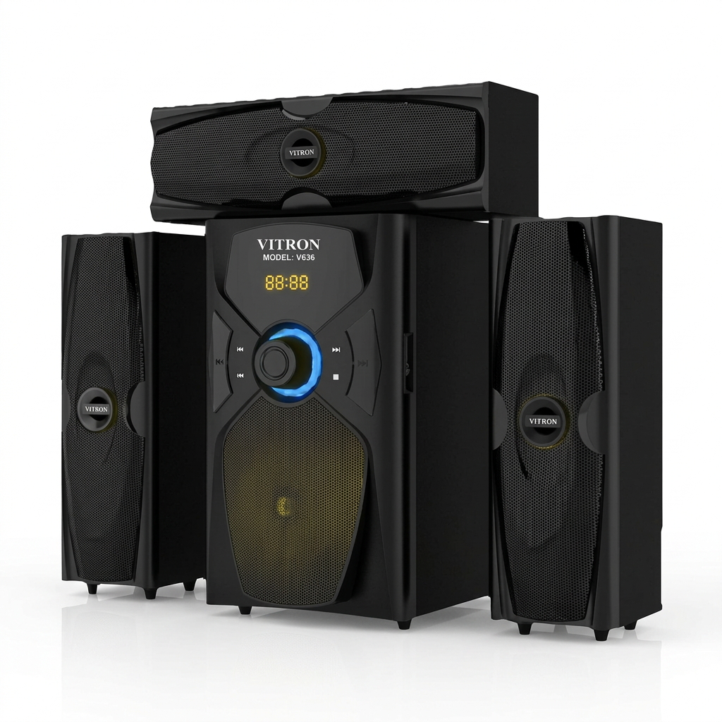AI-edited Vitron V636 speaker system on white with illustrative illuminated display.