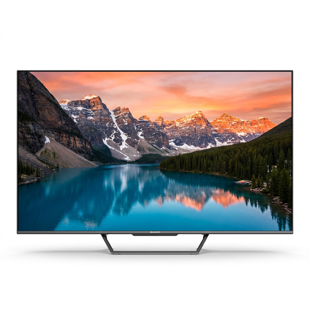 AI-edited Skyworth 75-inch TV showing illustrative mountain lake scenery on white.