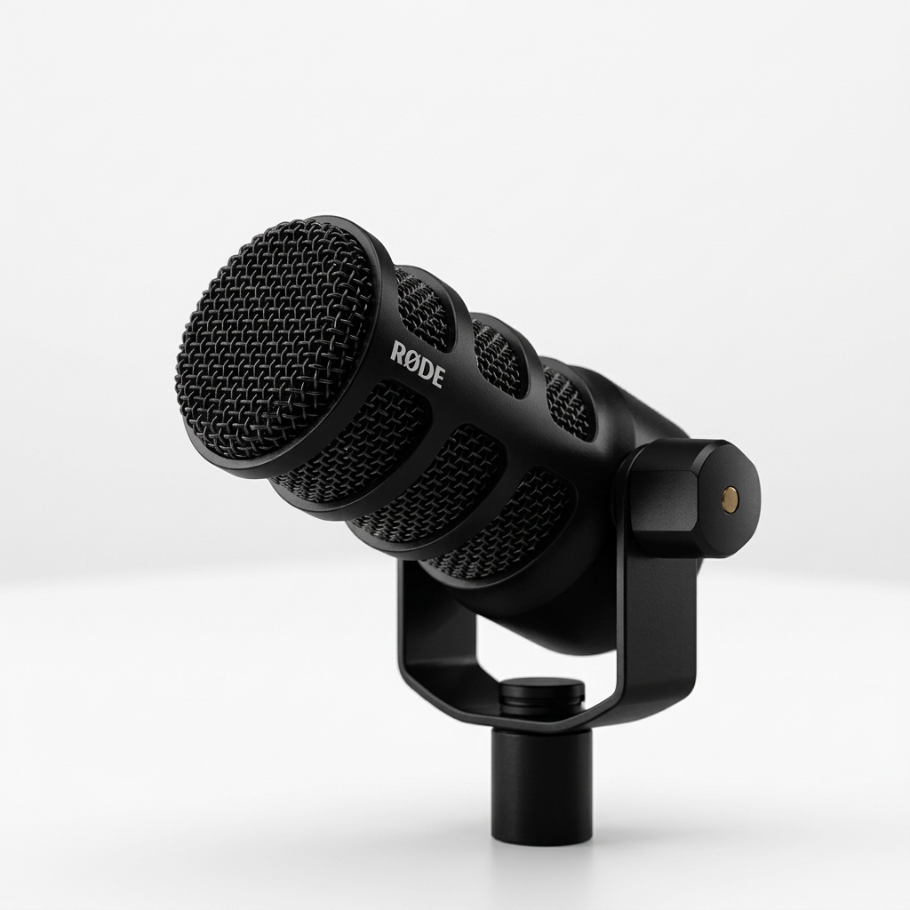 AI-generated unpacked product view of a black RØDE PodMic USB microphone with attached swivel mount
