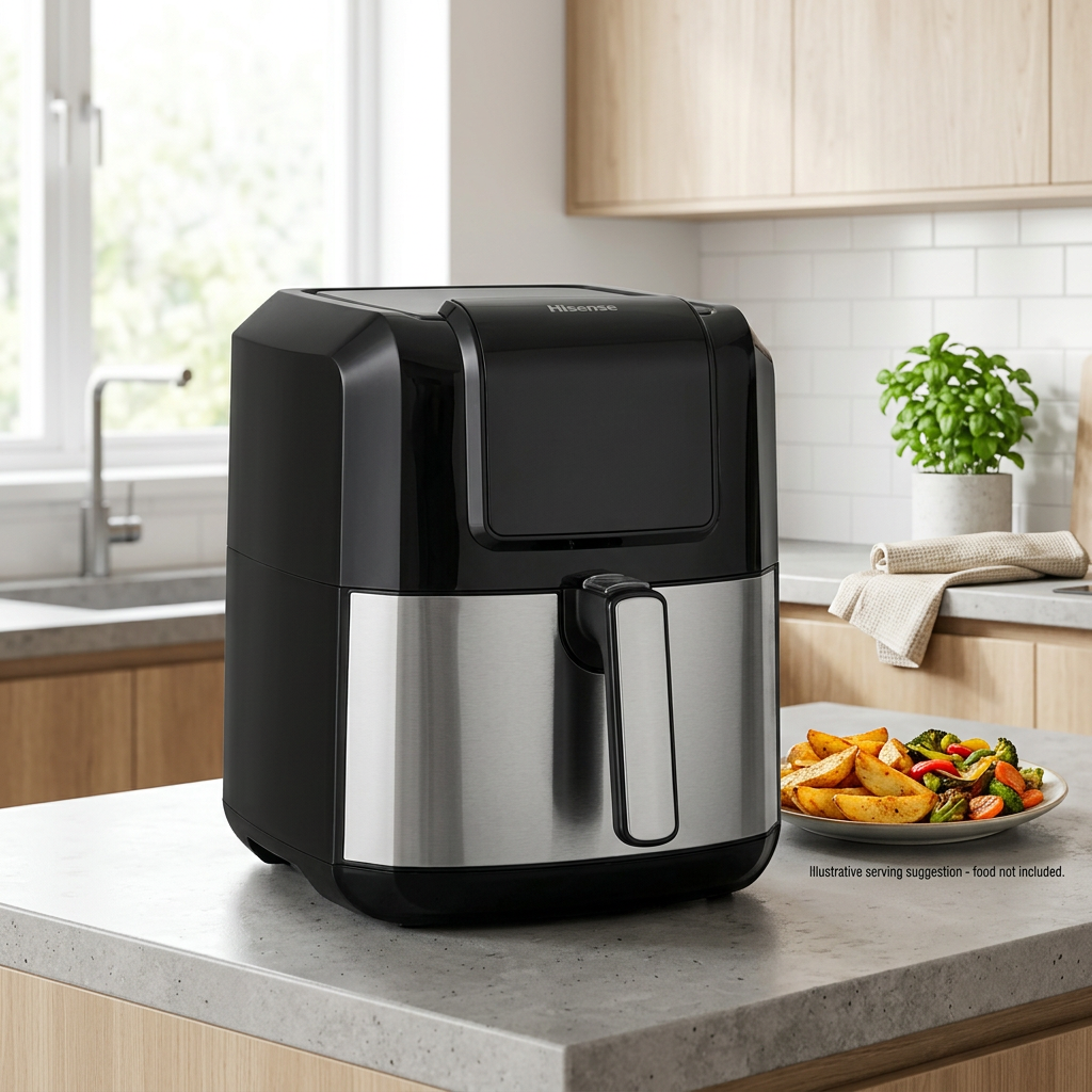 AI-generated reference-based Hisense air fryer in an illustrative kitchen with serving suggestion