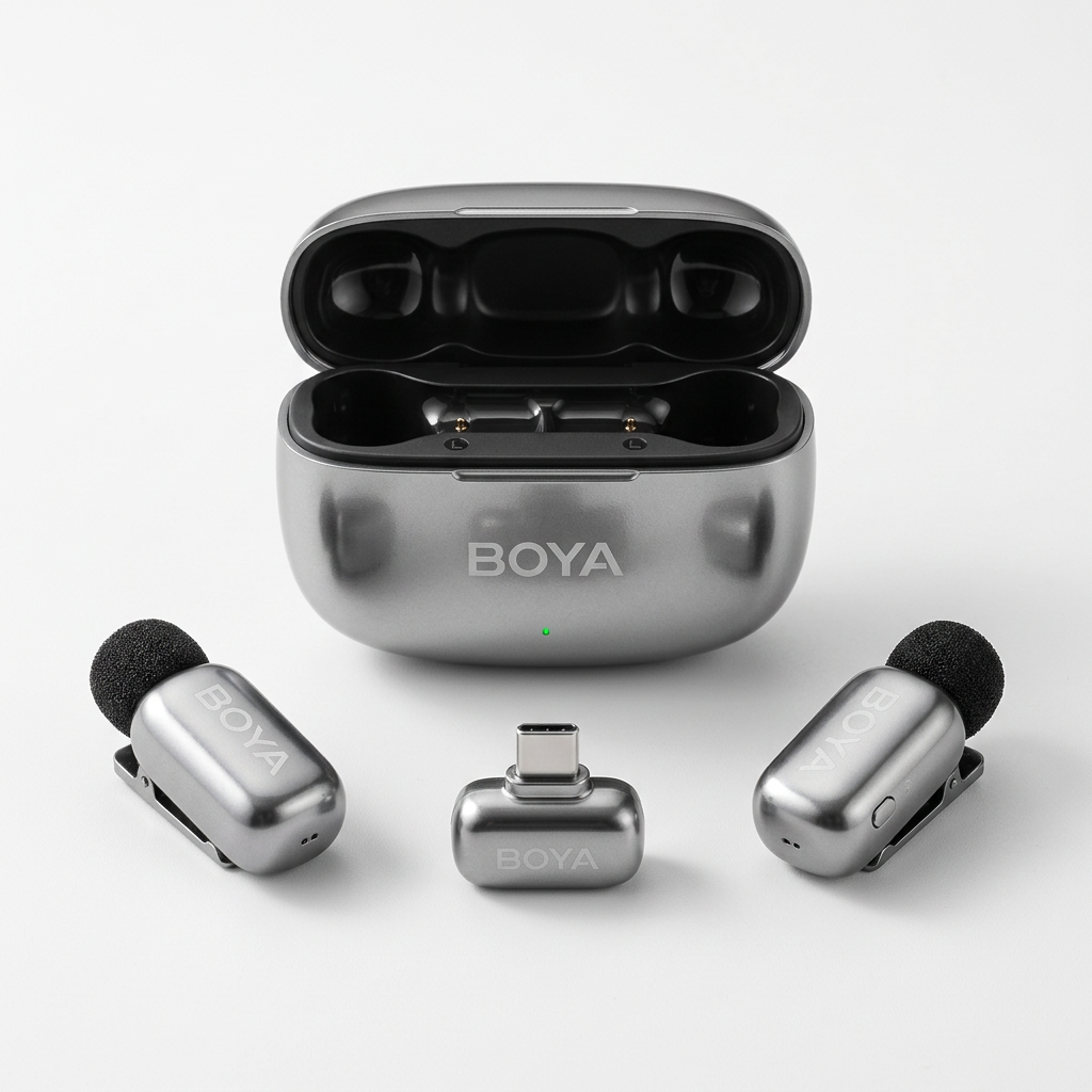 AI-generated unpacked illustration of silver BOYA Mini microphones, receiver and open case
