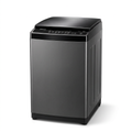 AI-edited graphite grey Hisense top load washing machine with lid closed on white.