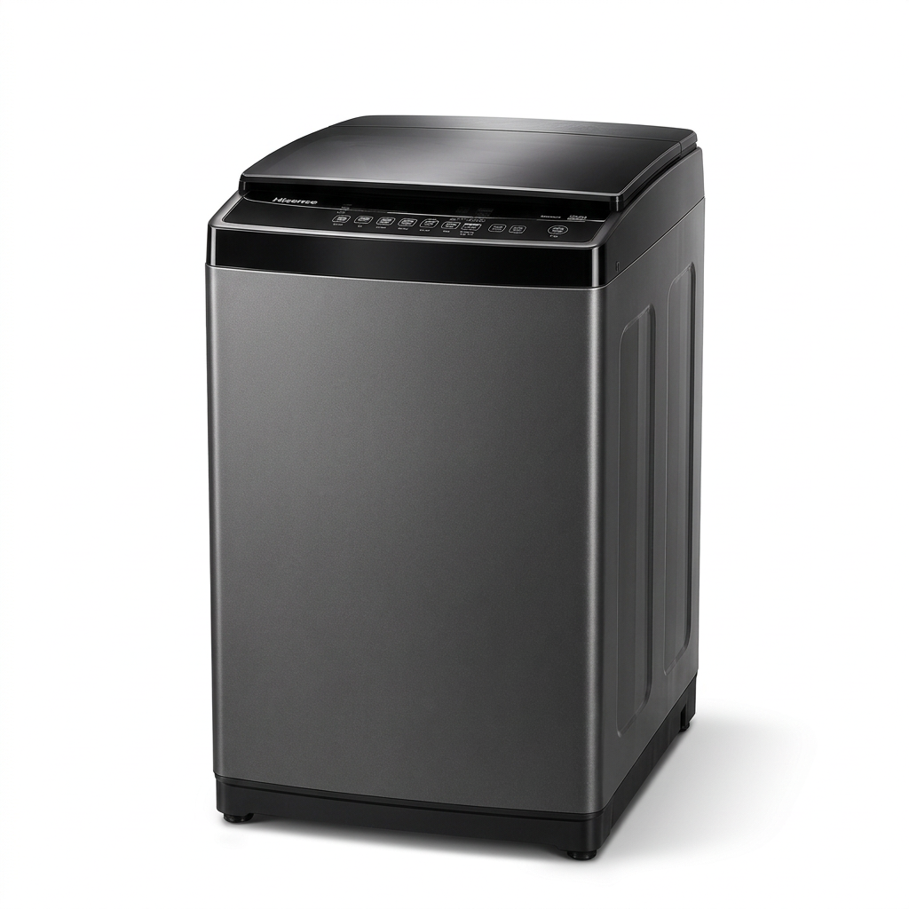 AI-edited graphite grey Hisense top load washing machine with lid closed on white.