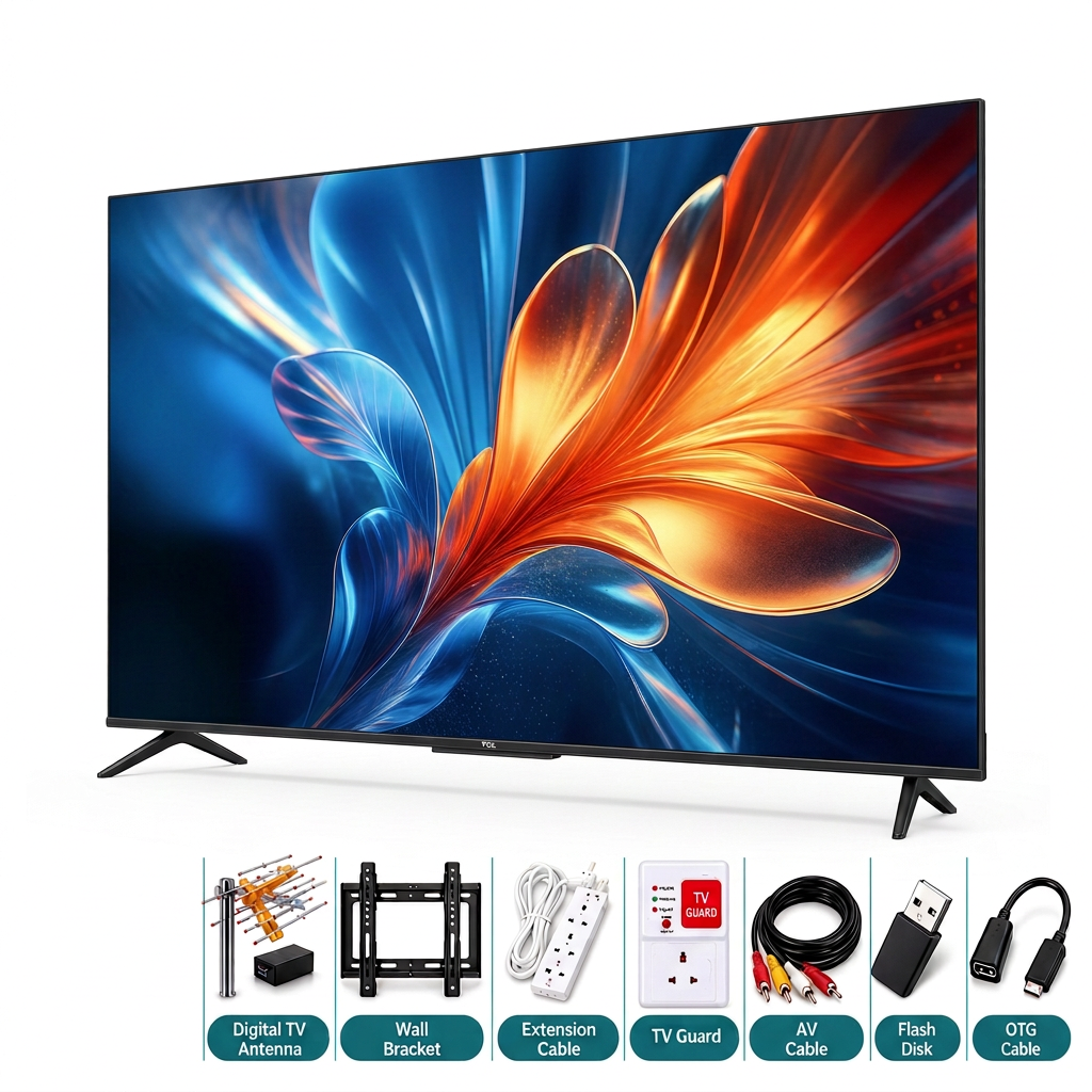 AI-edited angled TCL TV with antenna, bracket, extension strip, TV guard, AV cable, flash disk and OTG cable; accessory appearance illustrative.