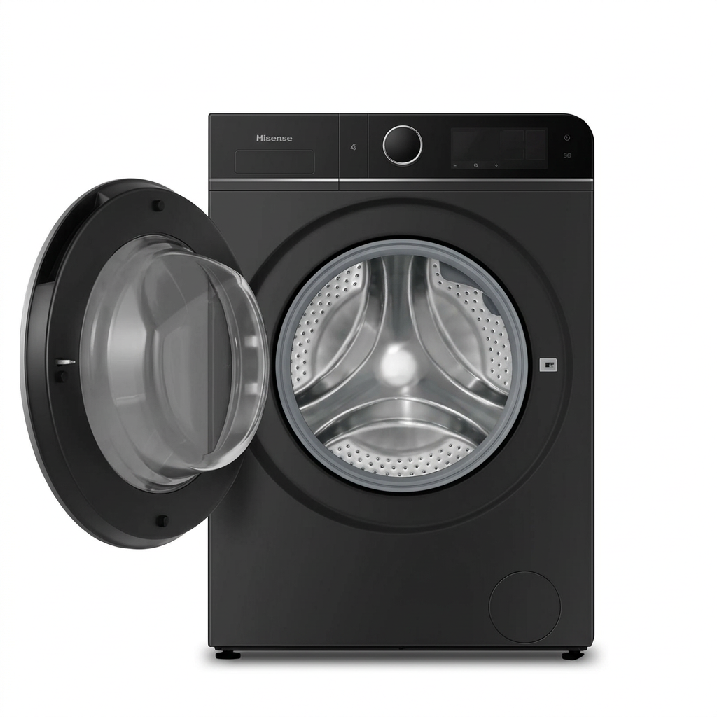 AI-edited black Hisense washer-dryer door open; drum gasket and hinge details illustrative.