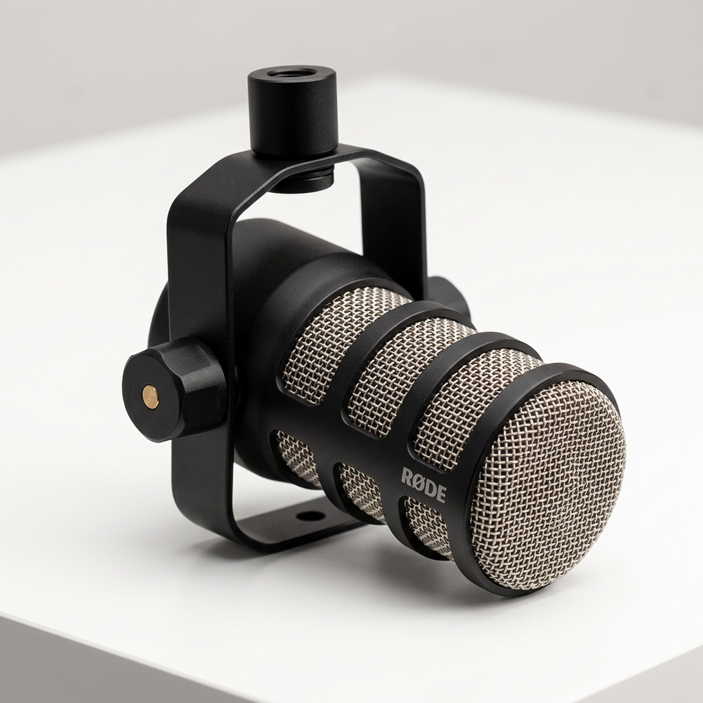 AI-generated unpacked view of a black and silver RØDE PodMic dynamic microphone with swivel yoke